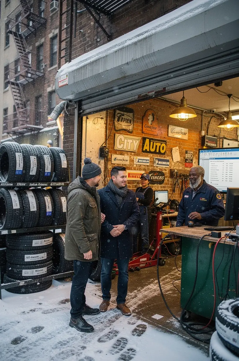 Workshop interior showing organized tire racks and specialized equipment tailored for New York’s urban vehicle maintenance needs