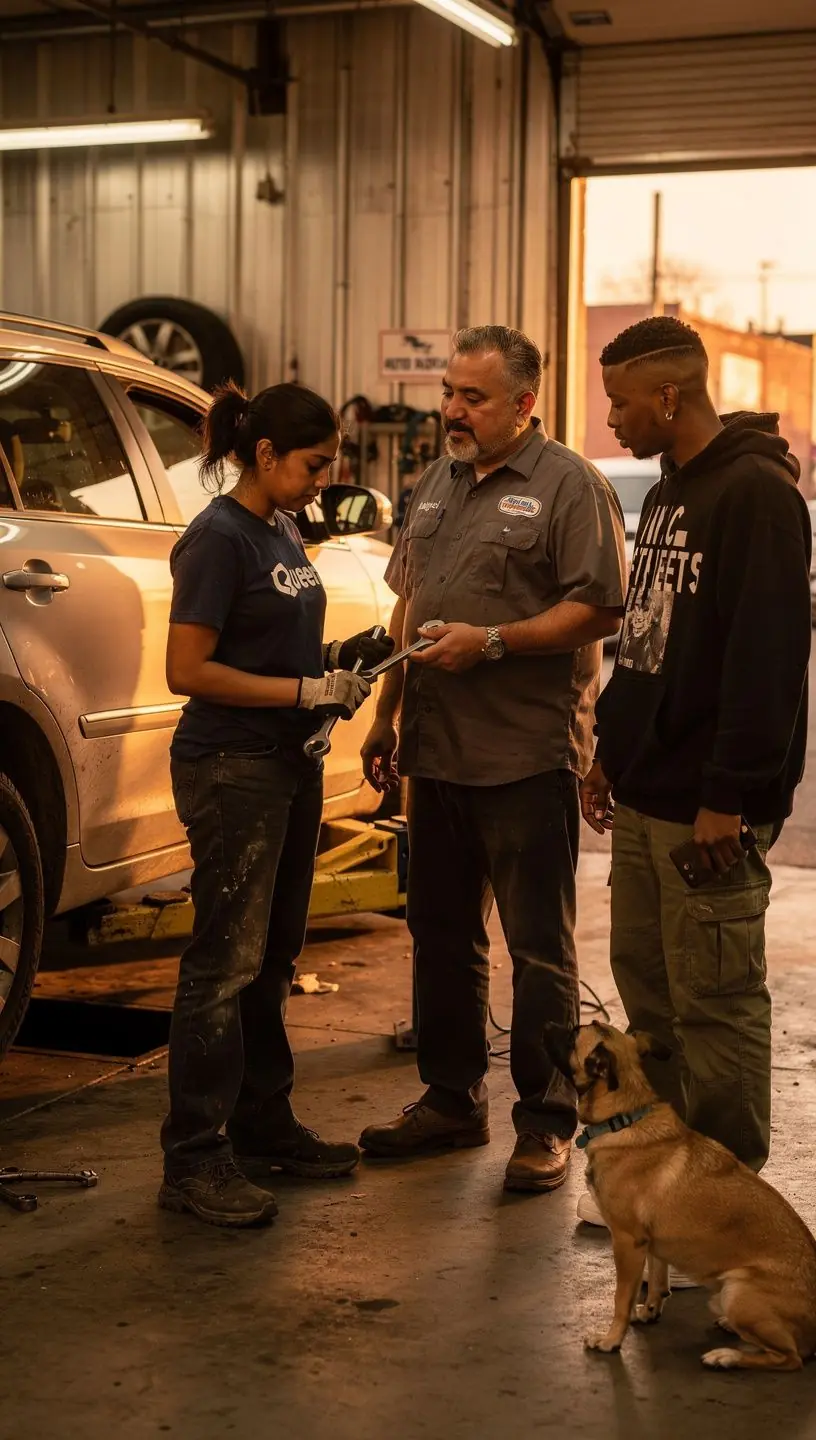 Customer consulting with expert technician about best tire and suspension solutions for safety and durability in city driving environments